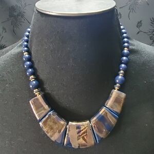 Vintage Necklace Blue Bronzed Tone Beads Plastic Chunky Japan 80s Funky
